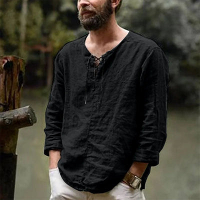 Cotton Linen Drawstring T Shirt Men's V Neck Blouse Solid Color Long Sleeves Casual Cool Tops Vikings Costume For Men M-6XL