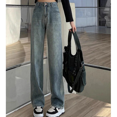Woman High Waist Stacked Straight Leg Jeans Female Gothic Loose Wide Leg Pants Girls Y2k Black Blue Light Blue Denim Trousers