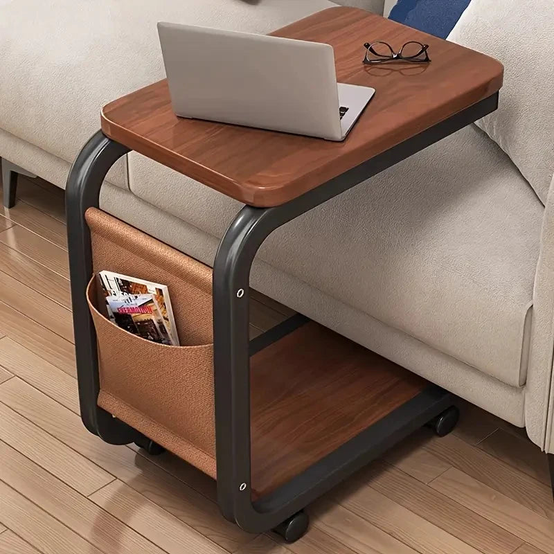 Coffee Table With 360° Wheels C-Shape End Table Sofa Side Table Portable With Cork Finish for RV Home Office Living Room Bedroom