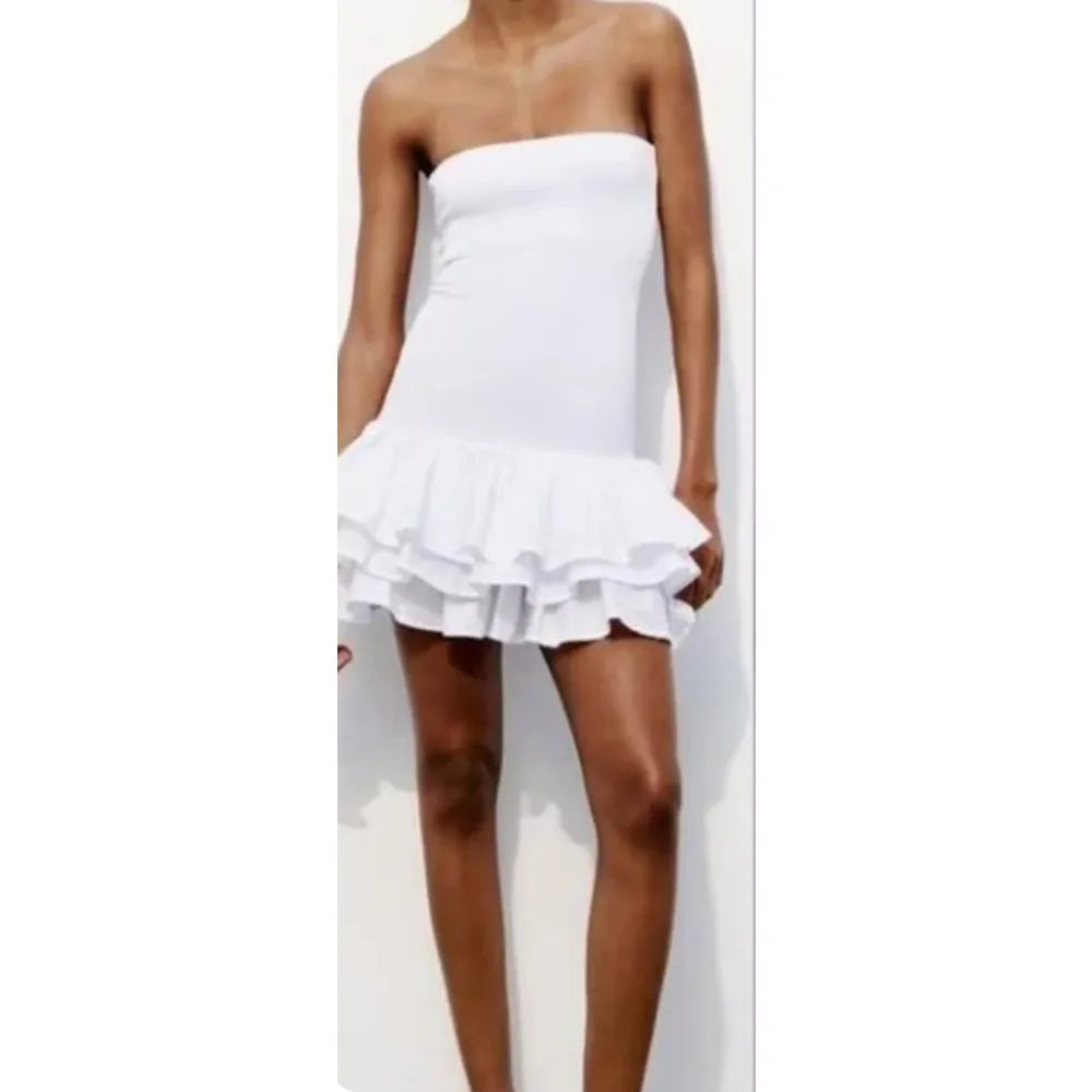 Off Shoulder Strapless Mini Dress Knitted Ruffle Layered Decorative Hem Dress Summer Backless Sexy Daring Party Short Dresses