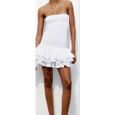 Off Shoulder Strapless Mini Dress Knitted Ruffle Layered Decorative Hem Dress Summer Backless Sexy Daring Party Short Dresses