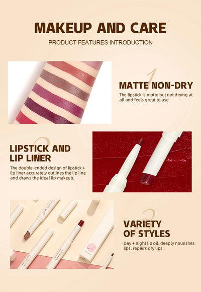 8 Color 2 IN 1 Lip Liner Pencil Waterproof Matte Lipstick Makeup Set Long Lasting Moisture Cosmetic Velvet Sexy Red Lipstick Pen