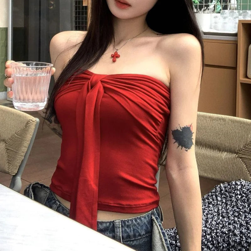 Sleeveless Tank Top for Women Summer Slim Bow Crop Top Sexy Skinny Tube Tops Fashion Clothing Streetwear Girl