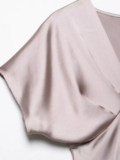 TRAF 2025 Woman Fashion Silk Texture Midi Dress Casual Slim Short Sleeve V Neck Midi Long Dresses Vestidos Mujer