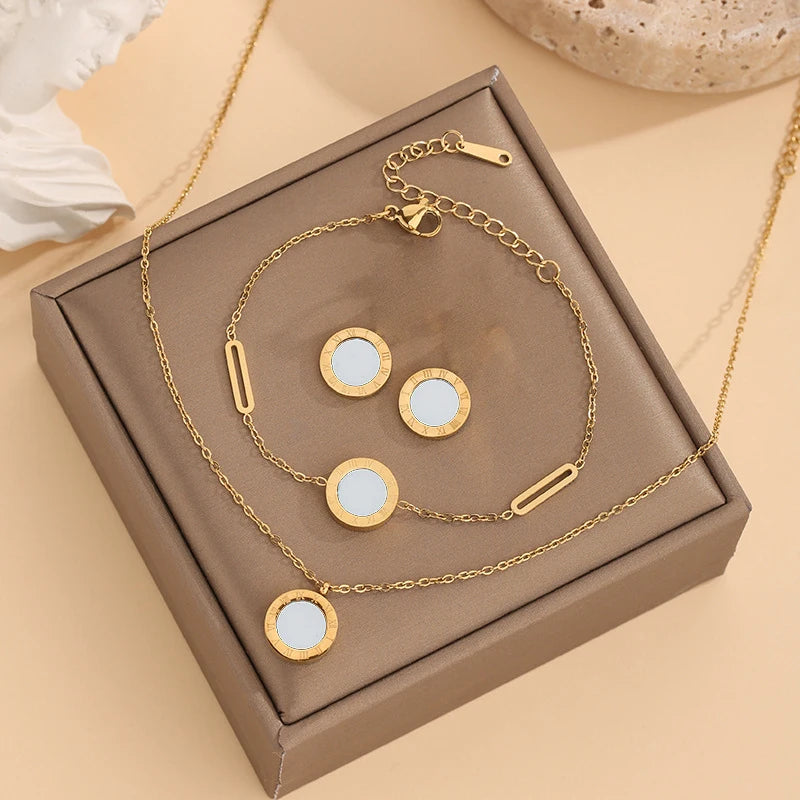 3pcs Trendy Stainless Steel Roman Digital Wafer Earrings Necklace Set for Women Black White Shells Party Jewelry