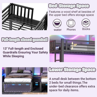 Triple Bunk Bed with LED Lights,Metal Bunk Beds Convertible to 3 Beds with Charging Station,Heavy Duty Bunk Bed Frame