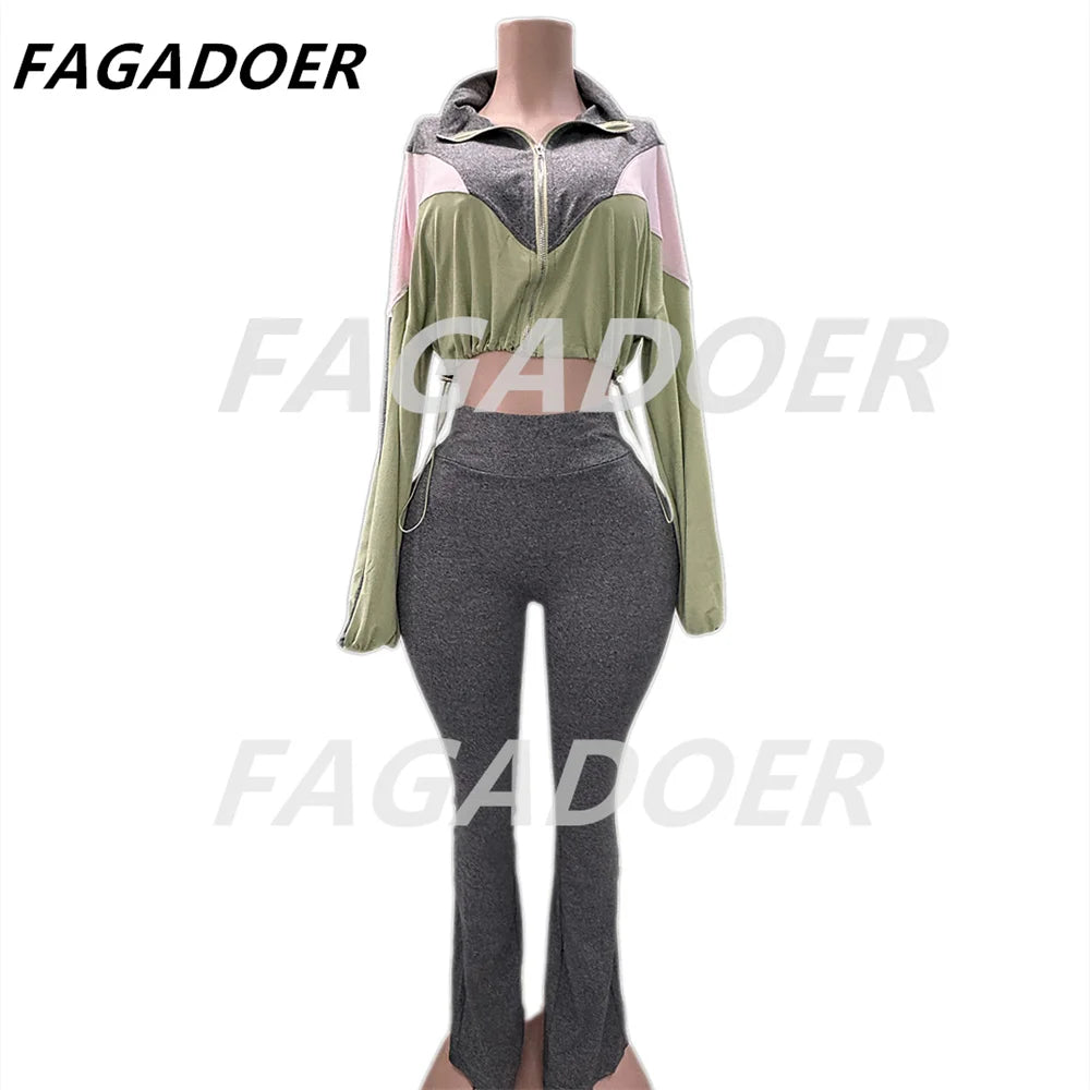 FAGADOER Color Block Street 2 Piece Set Outfit Casual Zip Drawstring Crop Top + High Waist Flare Pants Suit Autumn New Activwear