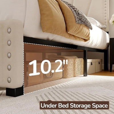 Velvet Headboard and LED Lights， Storage Headboard Platform Bed with Charging Station，King Size Bed Frame