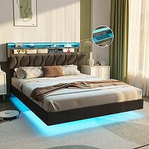 Maupvit Queen Size Floating Bed Frame with Storage Headboard, Queen Bed Frame with LED Lights, Charging Station, Upholstered Pla