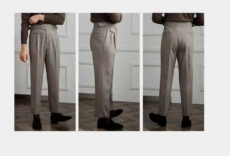 2023 Autumn Winter Men's Warm Retro Straight Trouser Male Casual British High Waist Pants Office-trousers Dress Pant Trousers