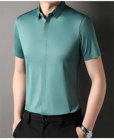 Summer New High-grade Hidden Button Men's Light Luxury Short Sleeve Shirts Men High Elastic Business Anti-wrinkle Ice Silk Shirt
