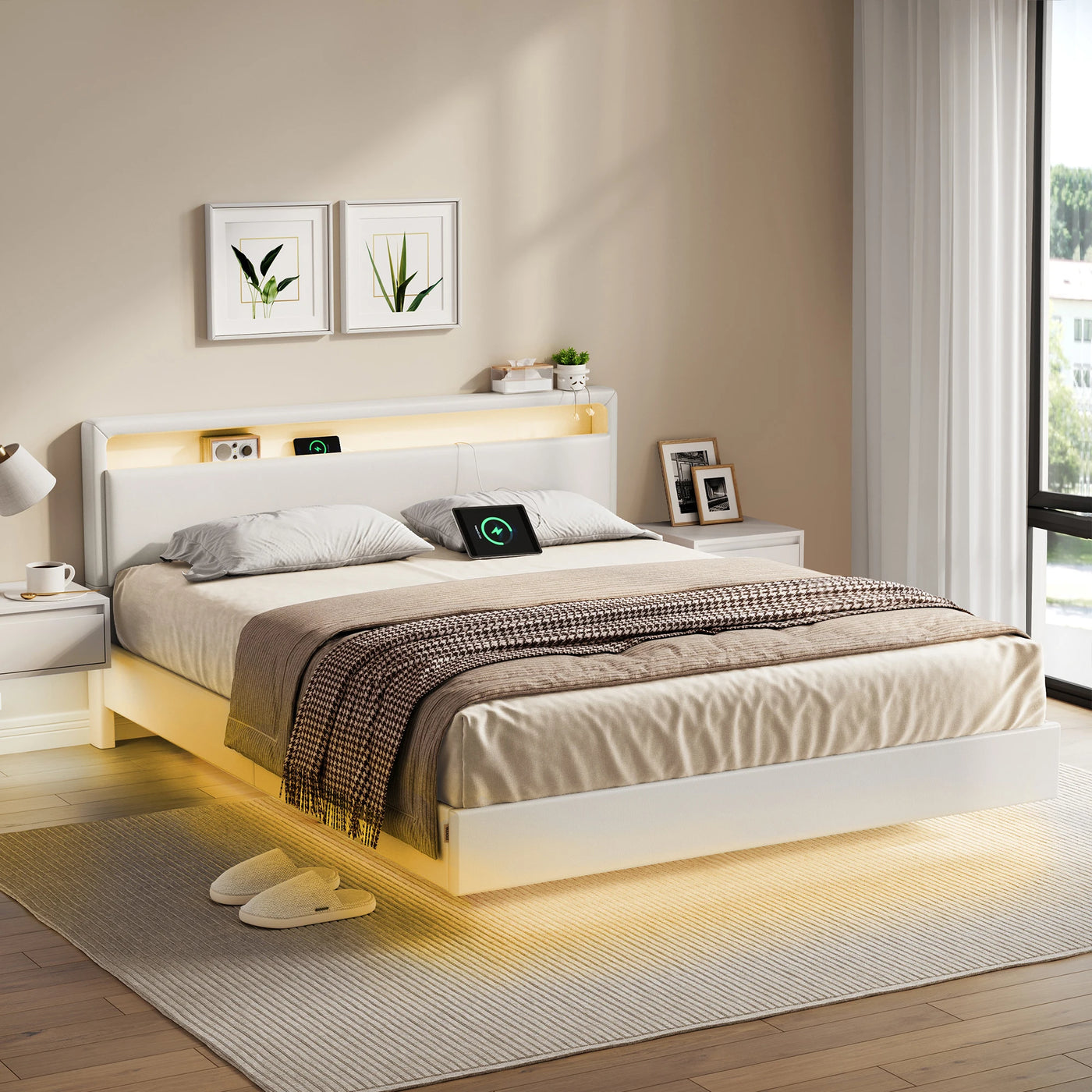 VASAGLE Modern Floating Bed Frame Adjustable LED Lights High Headboard Queen Size Upholstered Bed with Charging Station
