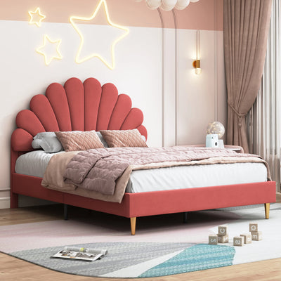 Double bed 140x200 cm, upholstered bed with flower-shaped headboard and slatted frame, stable bed frame, children's bed