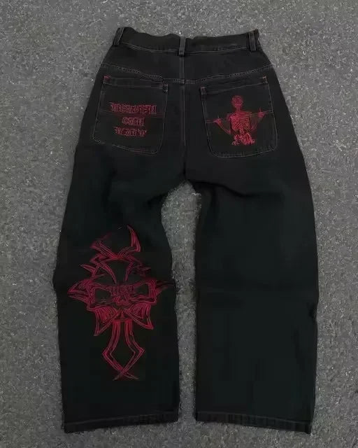 High Waisted Y2k Jeans Retro Blue Ripped Jeans for Women Line Sewn Gothic Punk Trumpet Jeans Casual Slim Streetwear Trousers