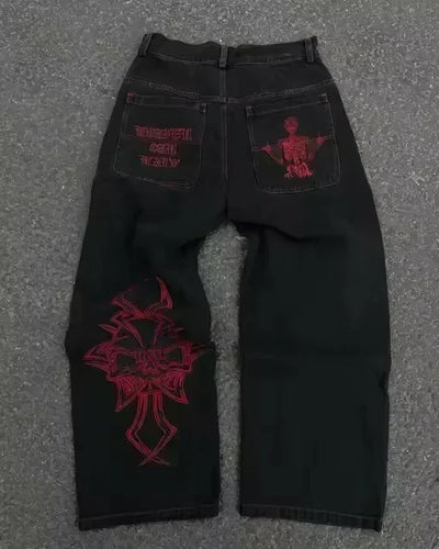 High Waisted Y2k Jeans Retro Blue Ripped Jeans for Women Line Sewn Gothic Punk Trumpet Jeans Casual Slim Streetwear Trousers