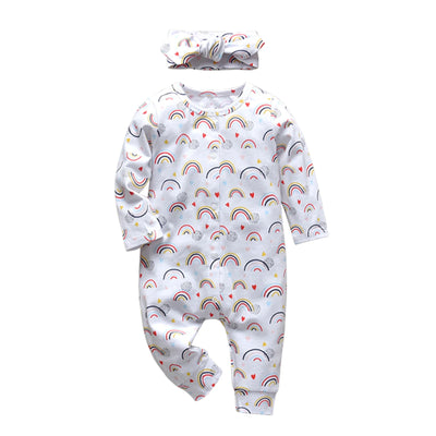 2pcs Infant Baby Girls Clothes Fashion Printed Cotton Long Sleeve Romper Jumpsuit with Headband Newborn Clothing for 0-18month