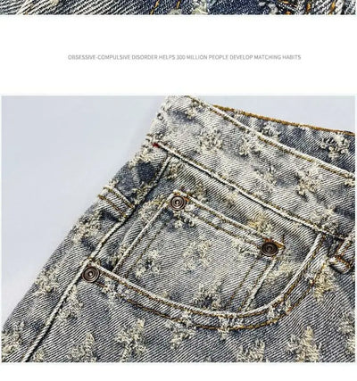 American Y2K Light Luxury Quality Retro Denim Shorts Summer Hip Hop INS Men Loose Shave Jacquard Couple Denim Five Point Pants