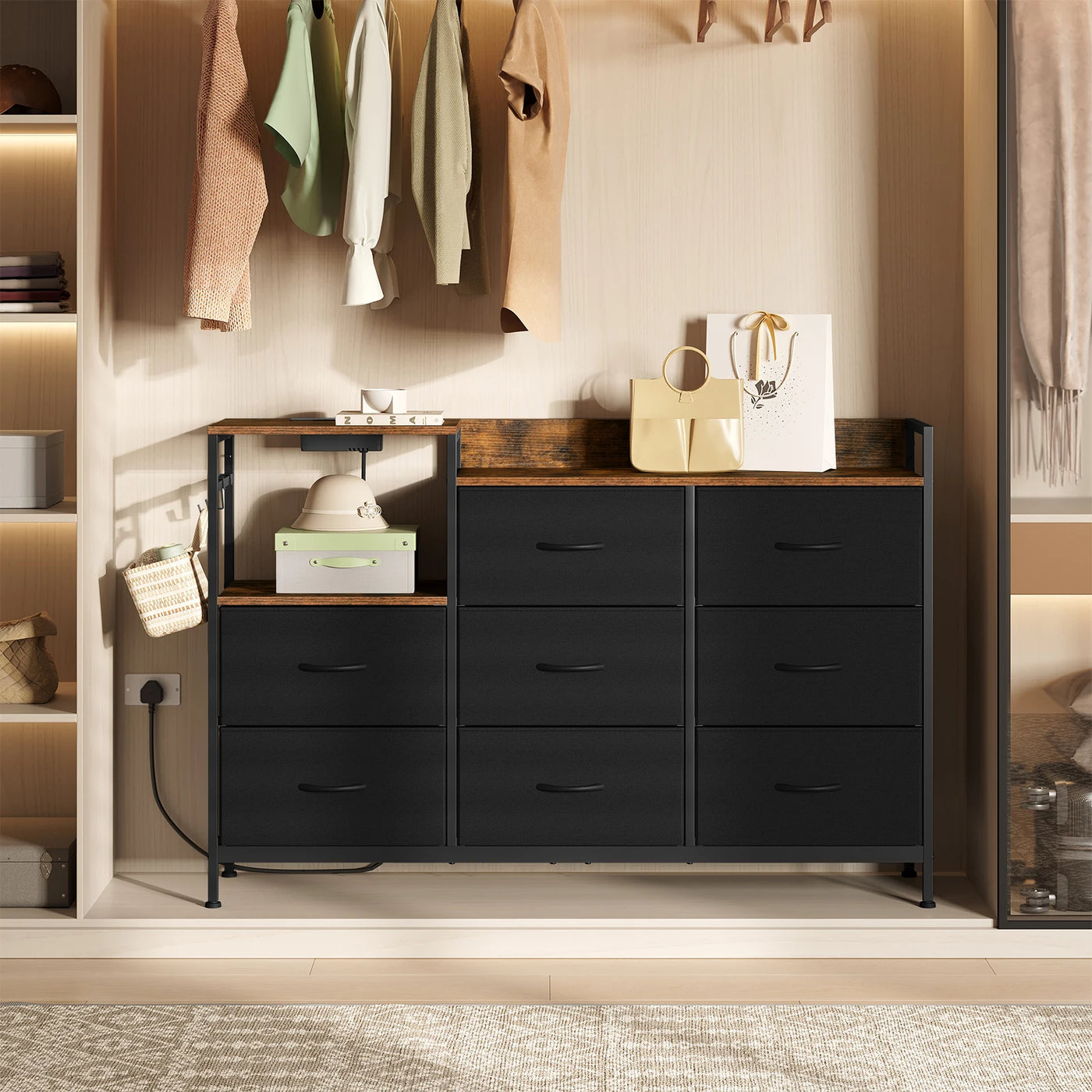 Chest of Drawers with 8 Fabric Drawer Sideboard Storage Cabinet for Kitchen Office with Charging Sockets Steel Frame 132x88x30cm