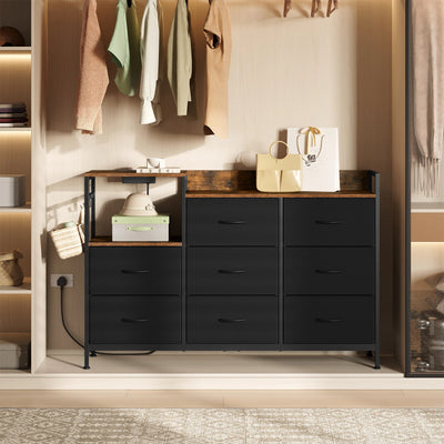 Chest of Drawers with 8 Fabric Drawer Sideboard Storage Cabinet for Kitchen Office with Charging Sockets Steel Frame 132x88x30cm