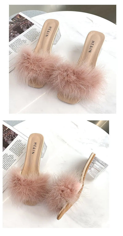 Mules Sandal Women Summer Outdoor Fashion Slippers Square Toe High Heels Office Ladies Feather Slides Chic Classics Furry Shoes