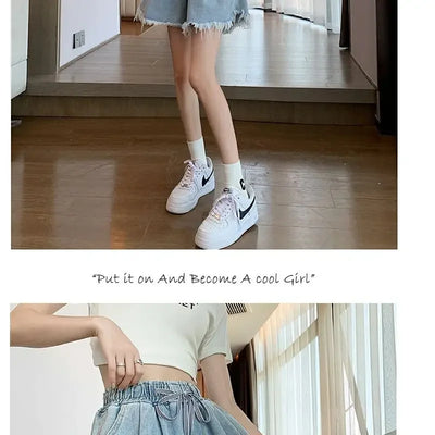 Korean Simplicity High Waist Wide Leg Denim Shorts Fashion Women's Clothing Summer Female All-match Loose Drawstring Shorts