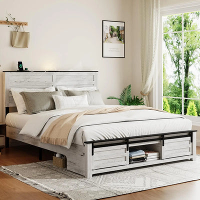 Wooden Queen Size Bed Frame with Headboard, Boho White Farmhouse Storage Bedframe with Sliding Barn Door Footboard and Charging