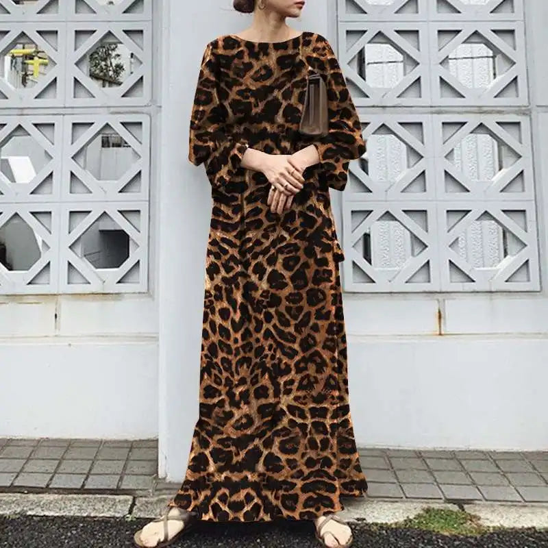 2025 Fashion Leopard Printing Maxi Dress Women's Spring Sundress Elegant Casual Long Sleeve Vintage Long Dresses Vestidos Female