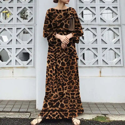 2025 Fashion Leopard Printing Maxi Dress Women's Spring Sundress Elegant Casual Long Sleeve Vintage Long Dresses Vestidos Female