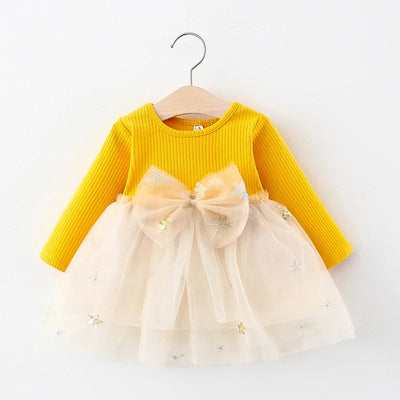 Girls' Long Sleeved Dress Spring And Autumn Bow Glittering Mesh Spliced Knitted Princess Party Birthday Dress