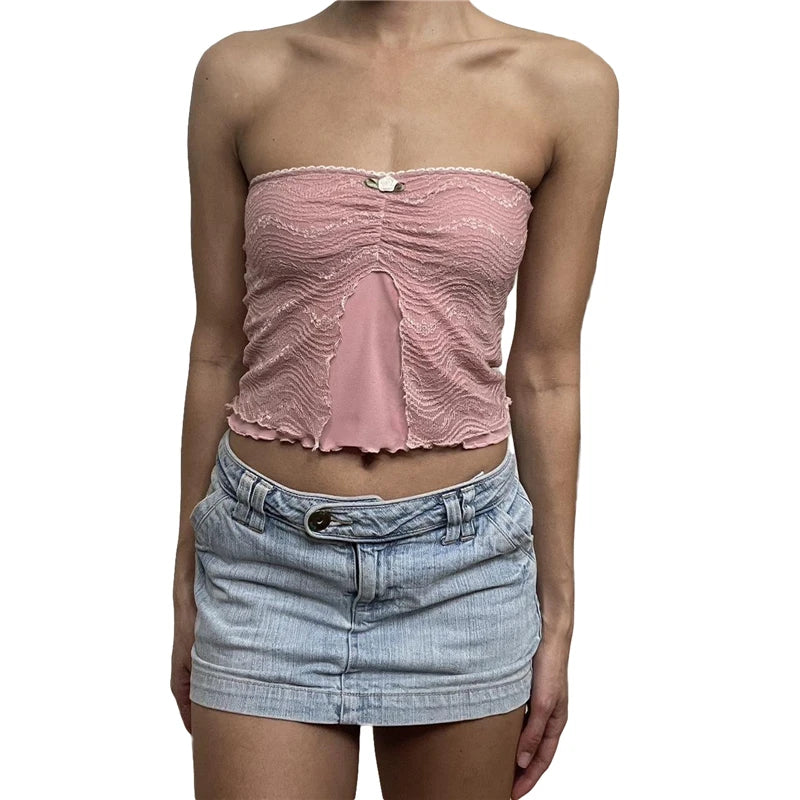 Xingqing y2k Off Shoulder Top Women Fairy Grunge Clothes Summer Sleeveless Lace Trim Patchwork Strapless Tshirt 2000s Streetwear