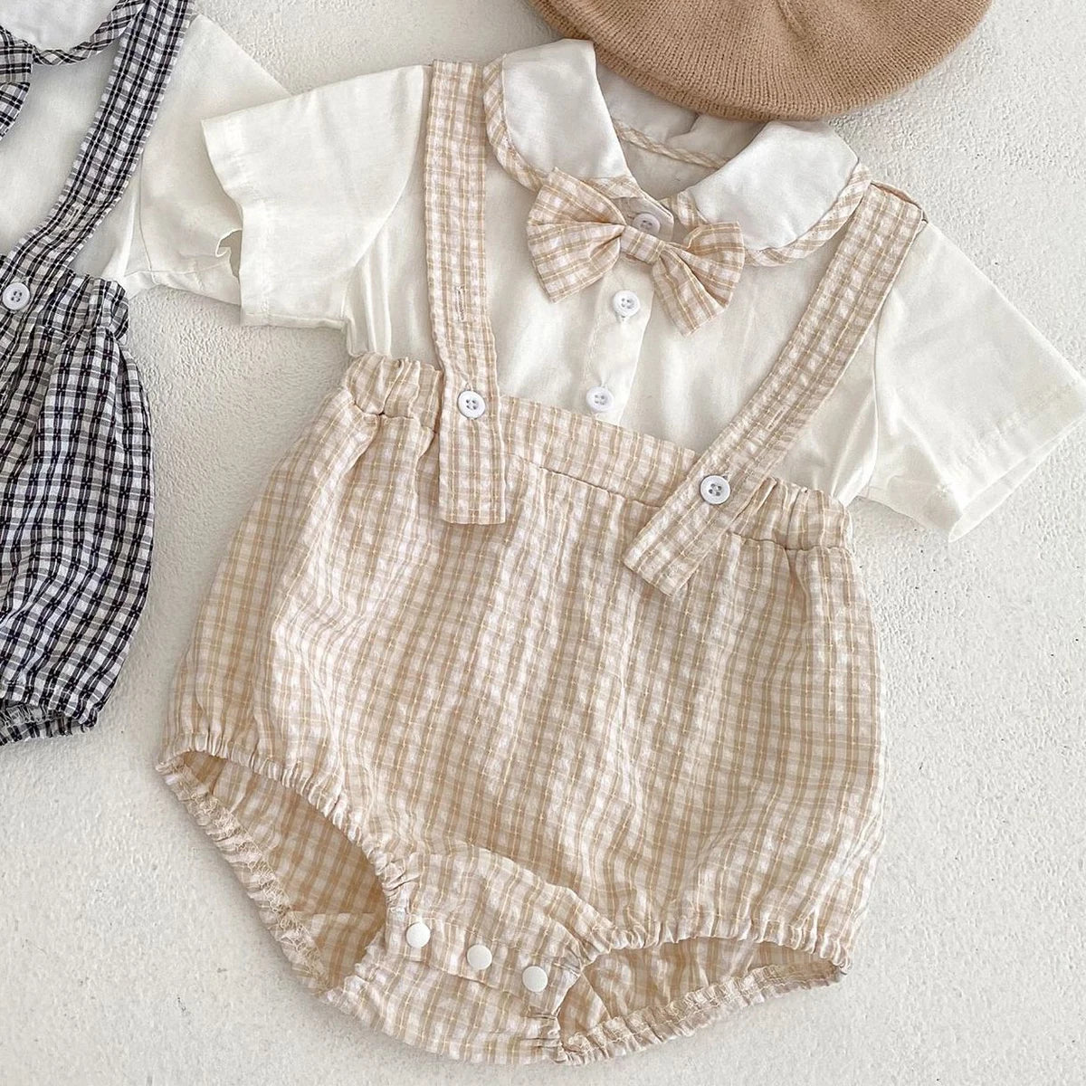 Instagram summer baby jumpsuit, male and female baby doll collar, plaid fake two-piece triangular jumpsuit, crawling