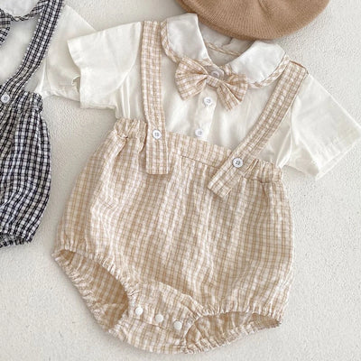 Instagram summer baby jumpsuit, male and female baby doll collar, plaid fake two-piece triangular jumpsuit, crawling
