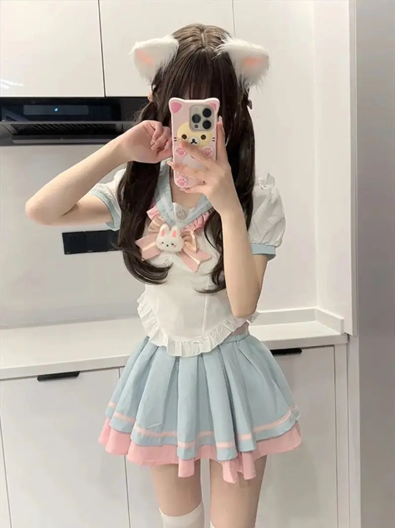 Y2k Sweet Style Skirt Set Bow Tie Peter Pan Collar Top High-Waist Puffy Skirt 2 Piece Set Summer Preppy JK Sailor Uniform Outfit