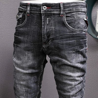 Retro Black Gray Slim Fit Ripped Jeans