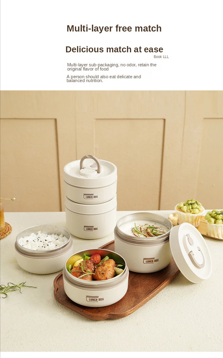 Portable Thermos 304 stainless steel insulated lunch box leakproof sealed bucket student lunch box multi-layer Round bento box