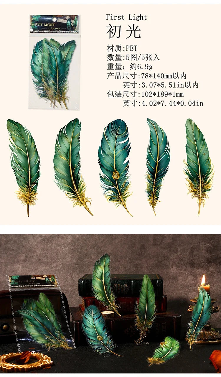 Journamm 5pcs/pack Big Size Feathers Stickers Waterproof PET DIY Scrapbooking Art Collage Junk Journal Decor Sticker Stationery