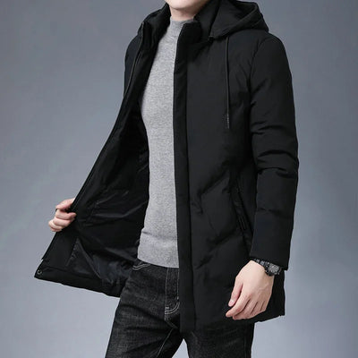 Fashion Men Long Parkas Coat Solid Slim Fit Warm Thicken Jacket Outwear Windproof Coat Hooded Cotton-padded Zipper Windbreaker