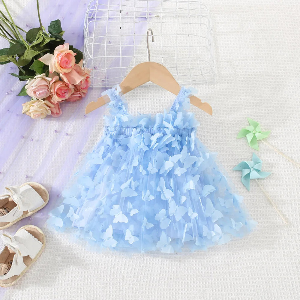 (0-3 Years) Summer New Baby Girls Dress Solid Color Halter Butterfly Embellished A-Line Skirt Mesh Sweet Princess Dress