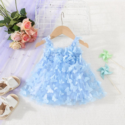 (0-3 Years) Summer New Baby Girls Dress Solid Color Halter Butterfly Embellished A-Line Skirt Mesh Sweet Princess Dress
