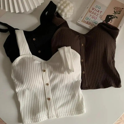 Women's Ribbed Tank Tops Y2K Cropped Tops with Bra Pads Knitted Button Down Suspenders Vest Sexy Camisole Female Short Tops