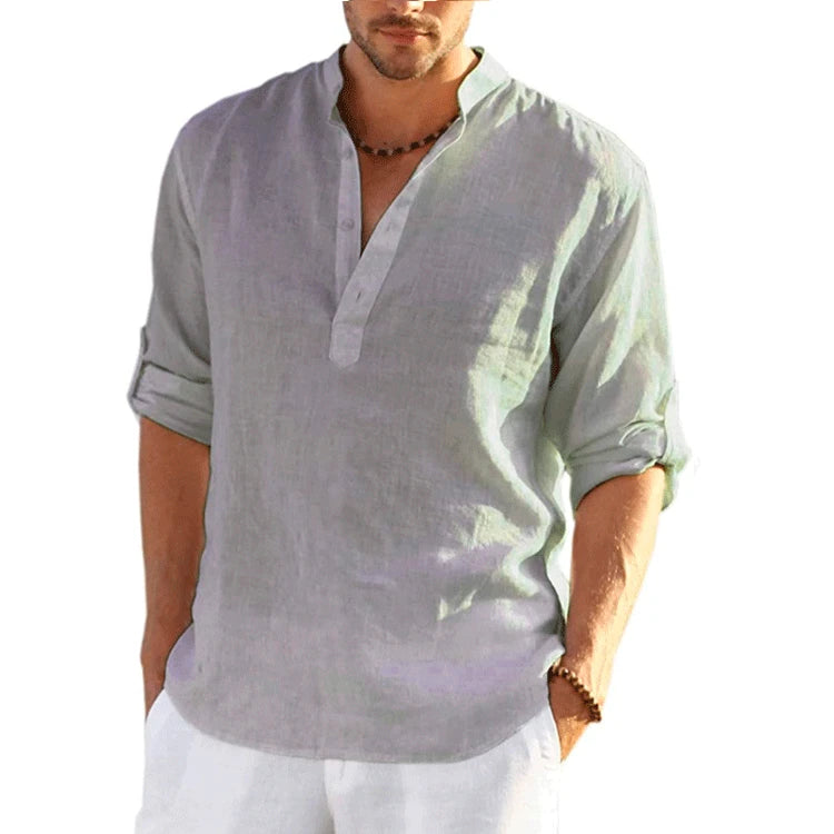Men Cotton Linen T-shirts Summer V Collarless Long Sleeve Solid Sand Beachwear Office Man Tee Shirt Tops BSDFS-ZT167
