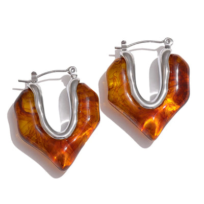 Yhpup Fashion Amber Resin Geometry Hoop Earrings Trendy Stainless Steel 18K PVD Plated Jewelry Accessories Gift