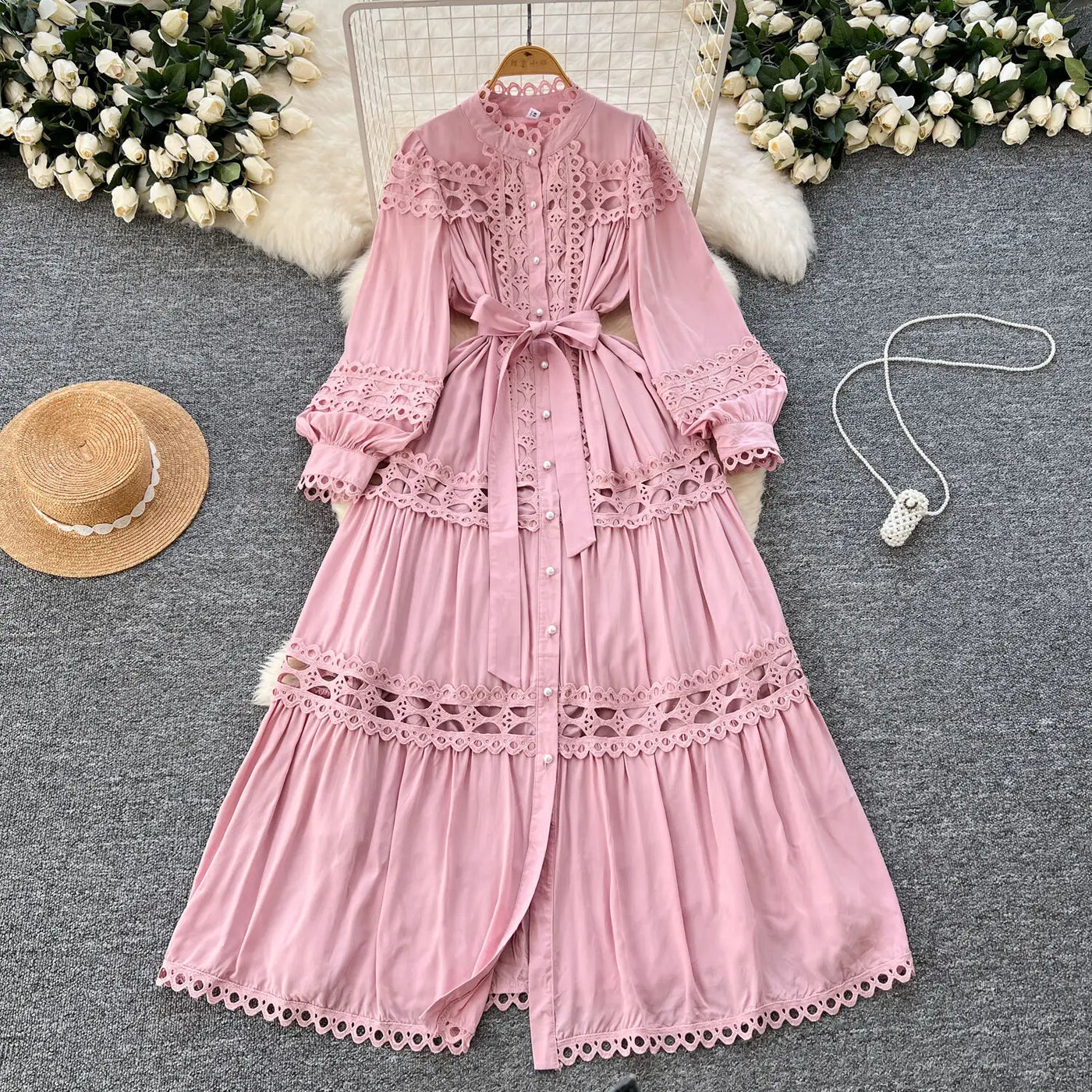 Elegant Long Maxi Hollow Out Dress Shirt Women Summer Autumn Palace Retro Pearl Button Embroidery Crochet Evening Party Vestidos