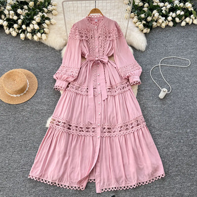Elegant Long Maxi Hollow Out Dress Shirt Women Summer Autumn Palace Retro Pearl Button Embroidery Crochet Evening Party Vestidos