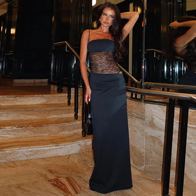 Sexy Bandage Mesh Patchwork Long Dress for Women Lace-up See-through Asymmetrical Evening Party Dresses Lady Gowns High Street