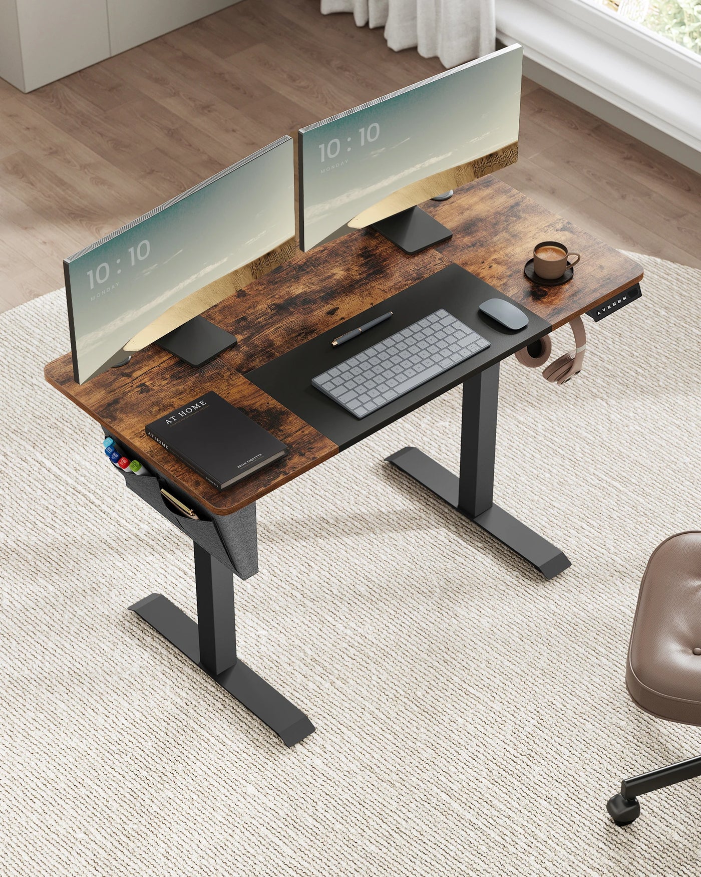 SONGMICS Height adjustable desk electric, 120/140/160 cm, with fabric organizer