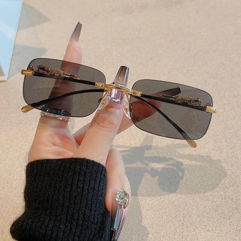 12pcs Brand Leopard Rimless Rectangle Sunglasses Fashion Y2K Frameless Sun Glasses Shades for Women Men UV400