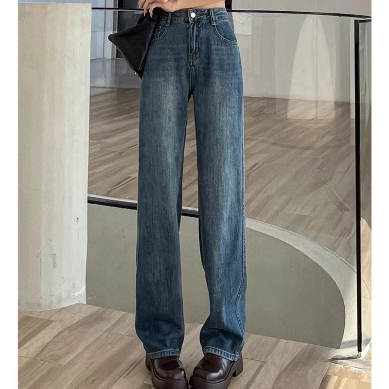 Woman High Waist Stacked Straight Leg Jeans Female Gothic Loose Wide Leg Pants Girls Y2k Black Blue Light Blue Denim Trousers