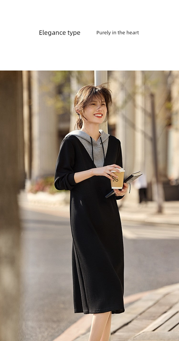 Xwi Xin Not Contrast Color Patchwork Hoodie Dress Female 2024 Autumn Simplicity Generous Slimming Elegant Long Dress