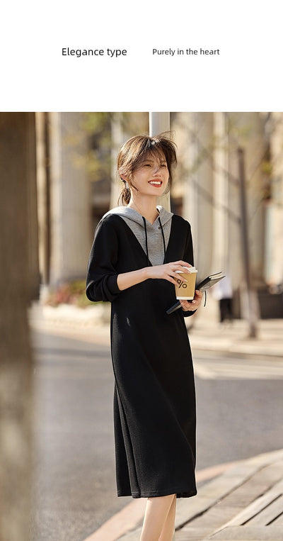 Xwi Xin Not Contrast Color Patchwork Hoodie Dress Female 2024 Autumn Simplicity Generous Slimming Elegant Long Dress